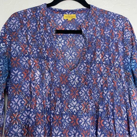 Roberta Roller Rabbit Blue Snowflake Pattern Beaded Trim V Neck Blouse XS - Picture 3 of 12